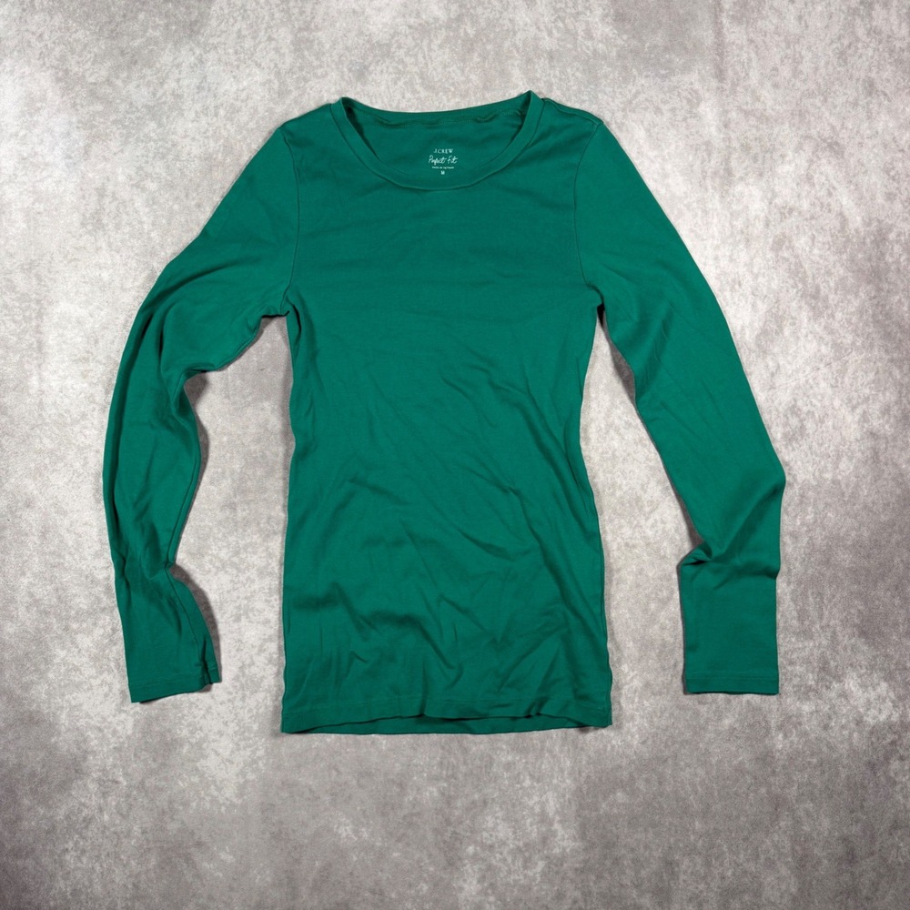 J.Crew Perfect Fit Long Sleeve Crew Neck Tee Green 100% Cotton Size M Minimalist